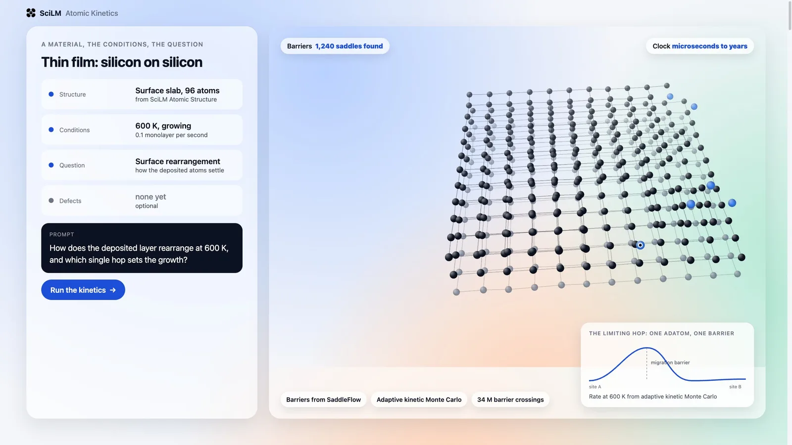 SciLM Atomic Kinetics: a structure, the conditions and the question on the left, a growing semiconductor film with its limiting hop and the barrier on the right